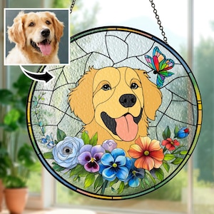 Custom Dog Portrait Suncatcher Stained Glass Art, Dog Cat Photo Suncatcher, Dog Cat Loss Gift, Pet Sympathy Gift, Pet Memorial